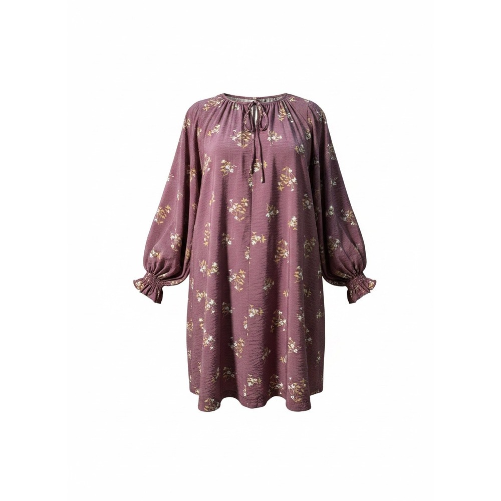 A New Day Floral Babydoll Dress Womens L Purple Excellent Smocked Balloon Sleeve